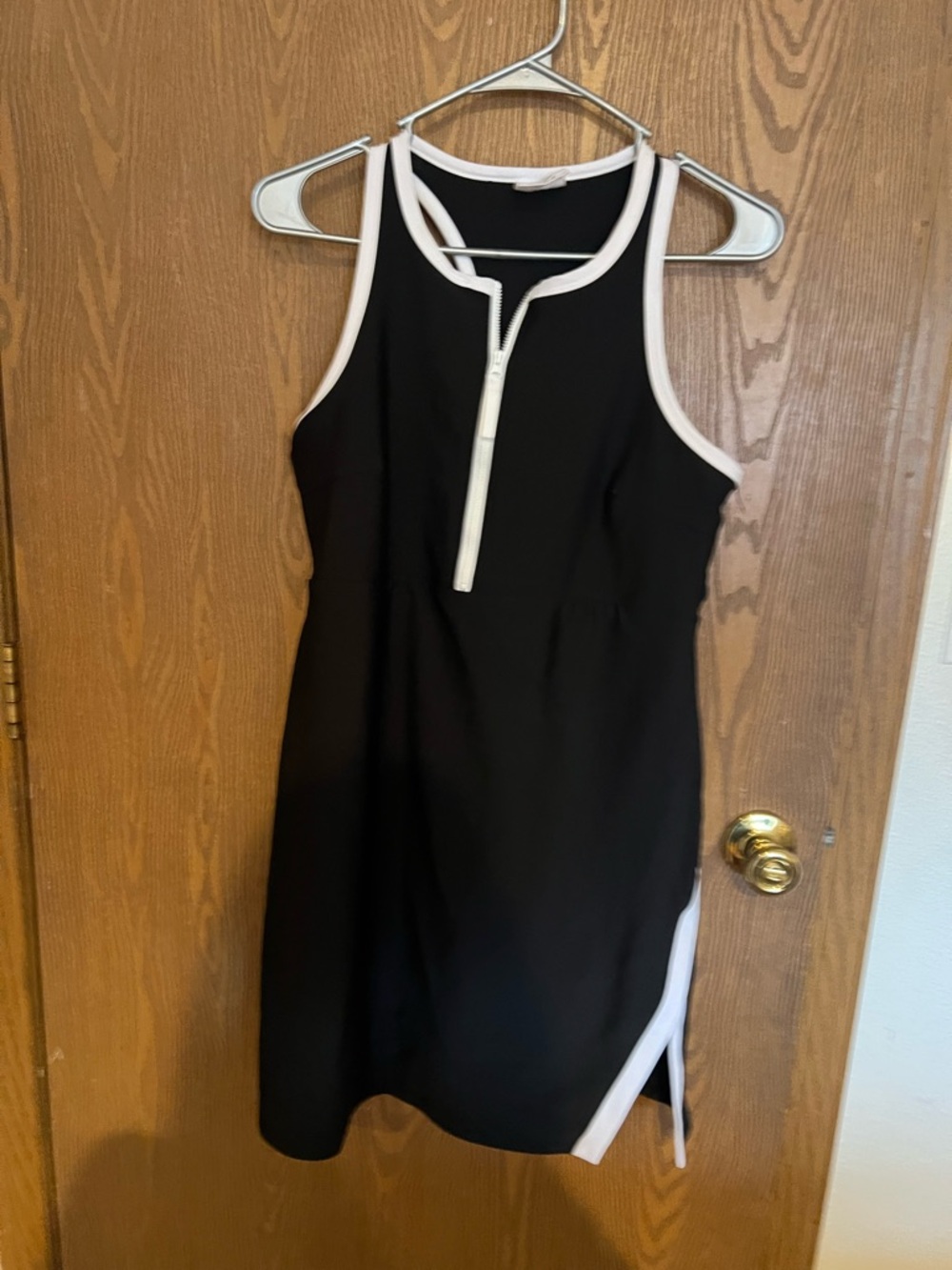 Women’s Black One-Piece Swim Dress with White Trim - Zipper Front